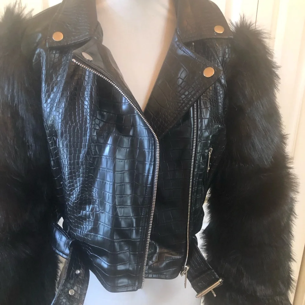 Black Croc-Embossed Faux Leather Moto Jacket with Faux Fur Sleeves